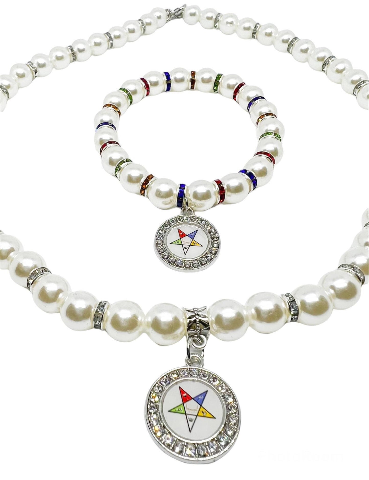 Order of Eastern Star OES White Pearl Necklace and Bracelet set
