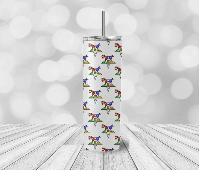 OES White BG Worthy Matron Multi Logo Order of Eastern Star Tumbler Both star design available