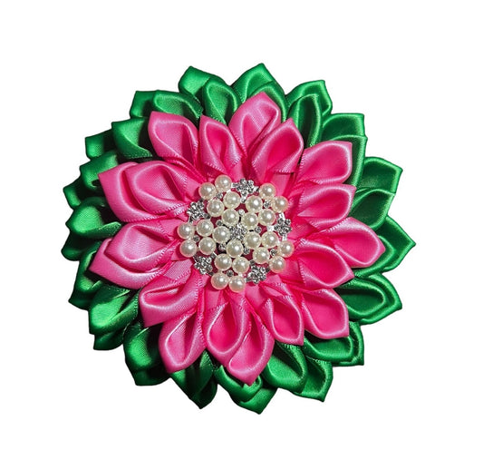 AKA Sorority Alpha Kappa Alpha Sorority Paraphernalia Flower Brooch Pin for Women Greek (Satin Pink & Green 4.5 in. Pin w/ Imitation Pearls)