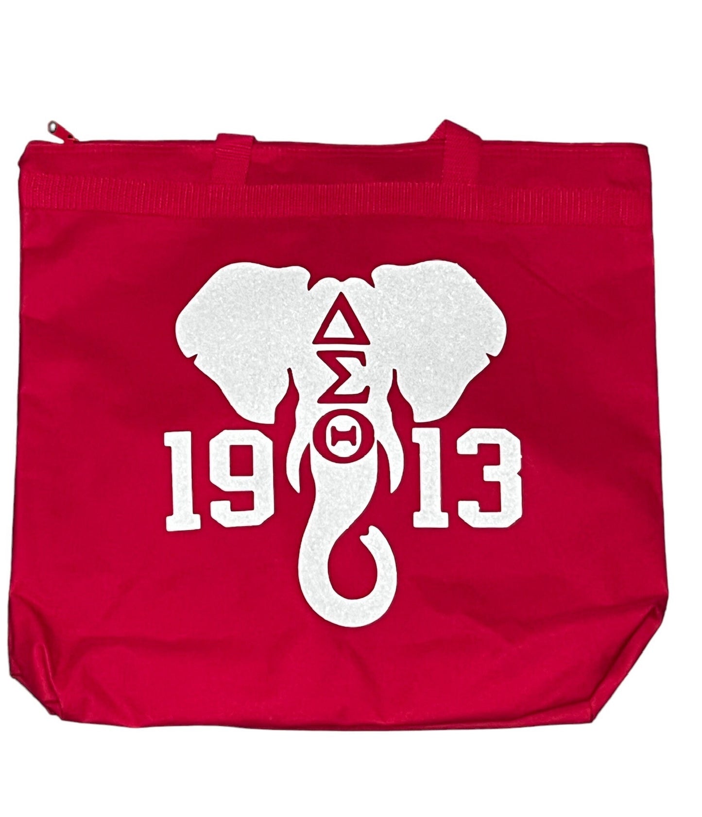 Delta Sigma Theta, Delta 1913 red Logo bag with glitter design and logo on opposite side